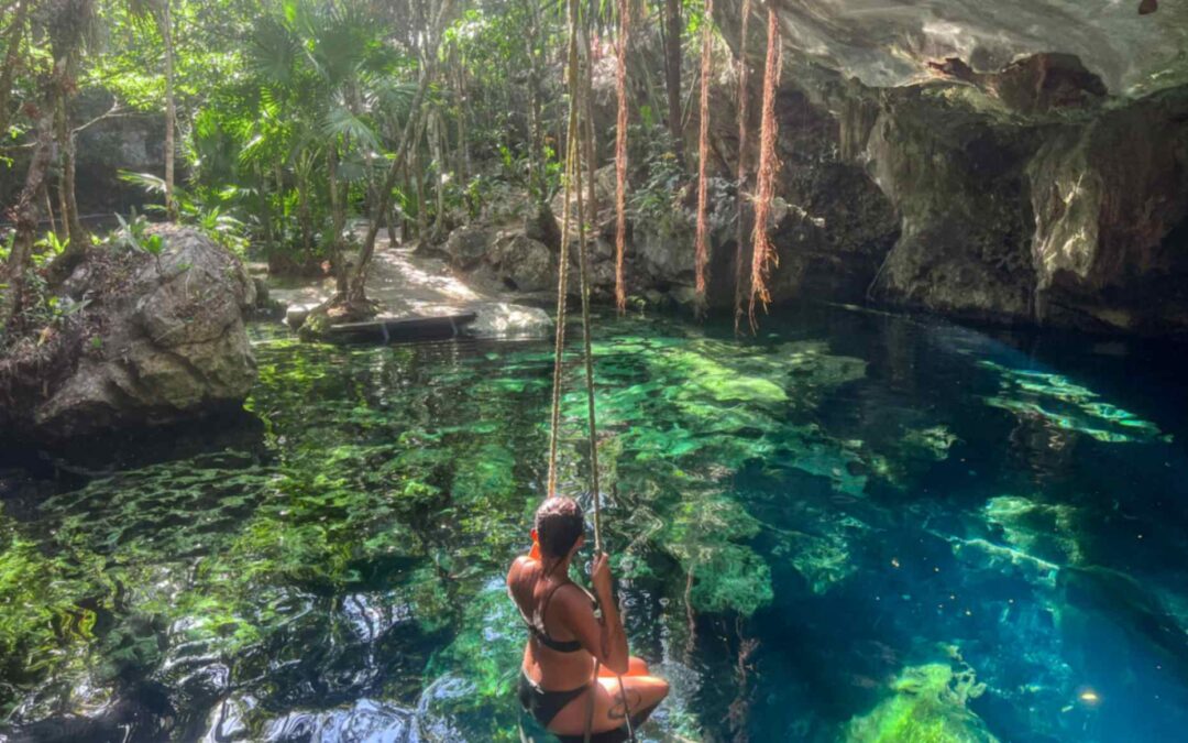 Turquoise cenote water surrounded by rocks, hanging roots and green vegetation