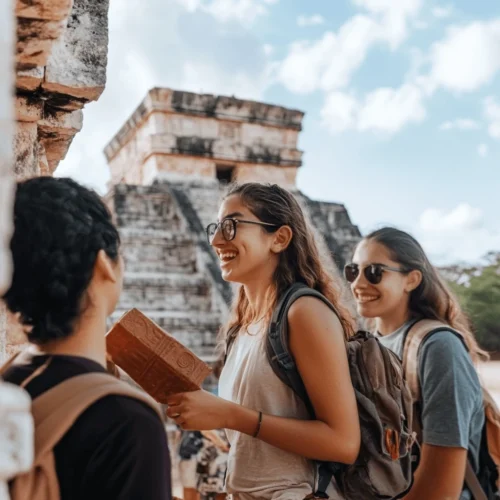 Visitors with a guide at Chichen Itza.