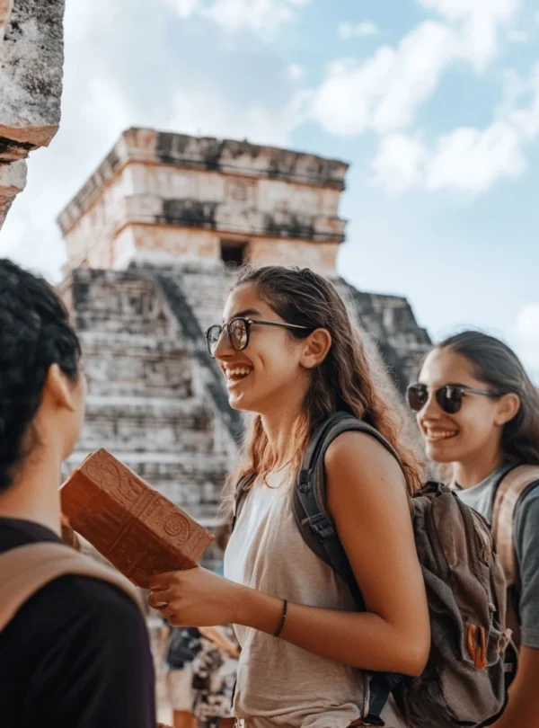 Visitors with a guide at Chichen Itza.