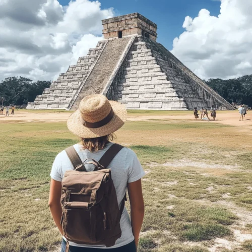 Traveler looking toward El Castillo pyramid at Chichen Itza.