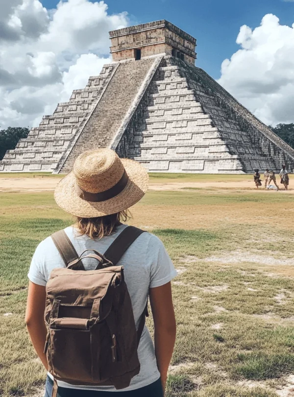 Traveler looking toward El Castillo pyramid at Chichen Itza.
